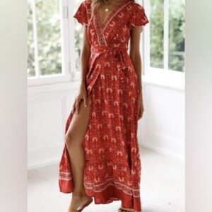 Women’s Pretty Garden Wrap Around Dress Boho Red Floral Flutter Sleeve Medium